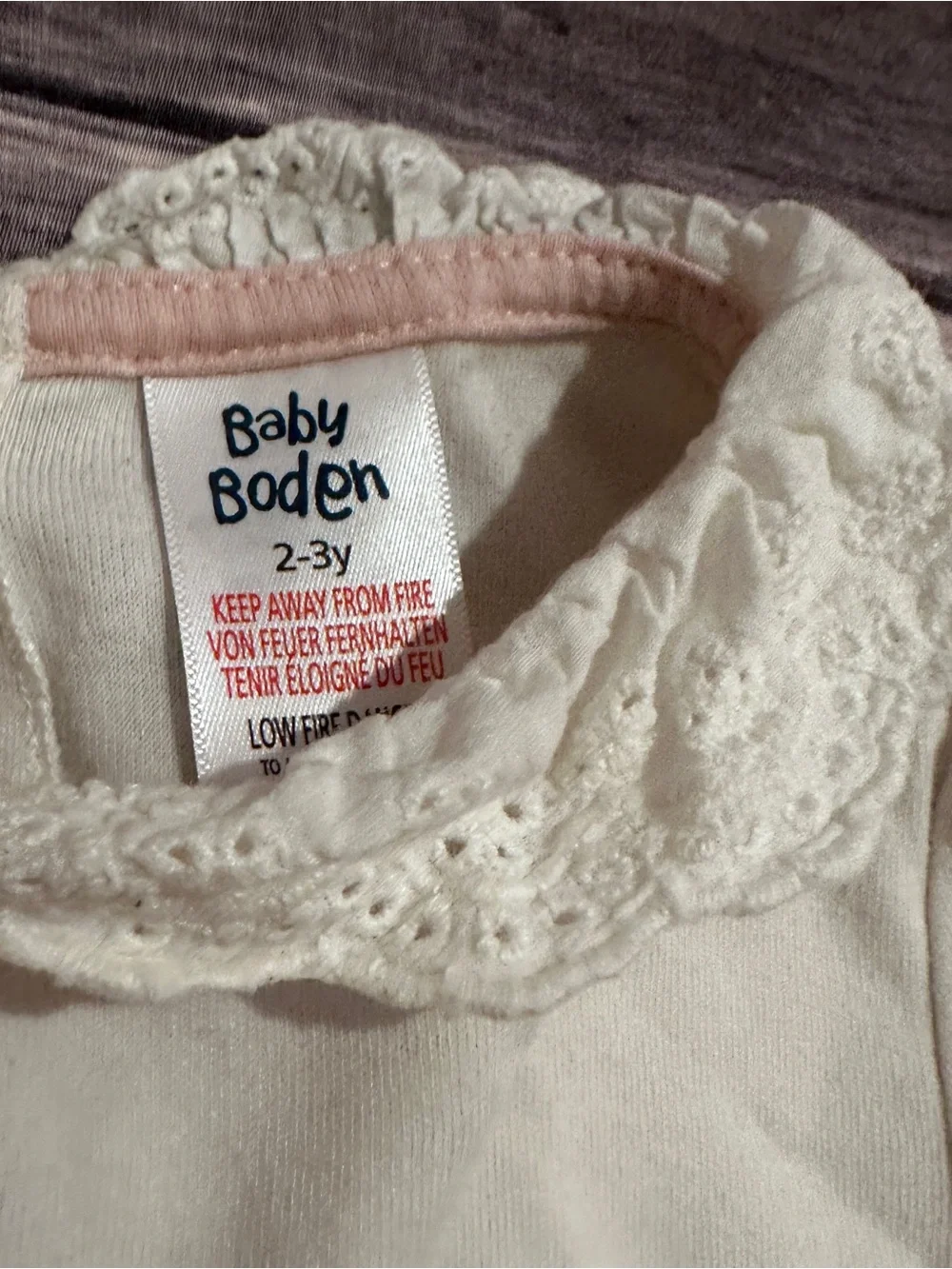 Baby Boden white onesie with lace collar fair light stains, size 2-3 years